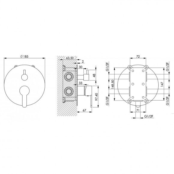 Mitigeur Bain Douche Encastré, Chrome 3 Voies, 2 Sorties