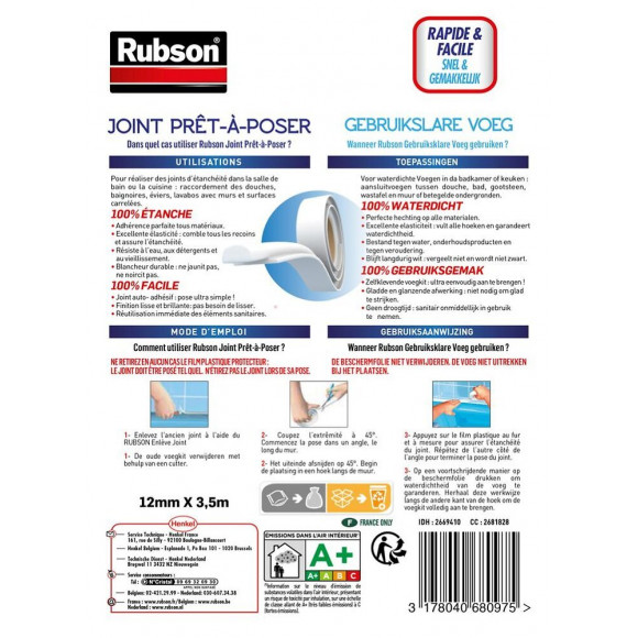 Mastic Prêt À Poser Adhésif D'étanchéité Rubson Cuisine Et Bain Easy 3,5 M Blanc