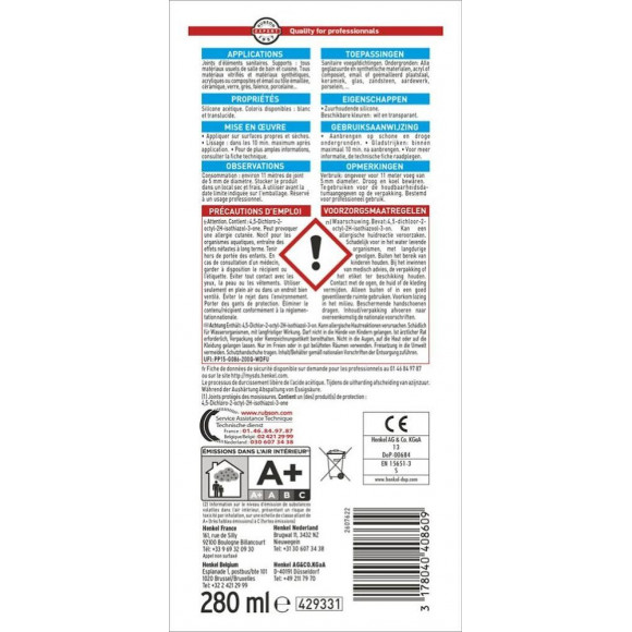 Mastic D'étanchéité Cuisine Et Bain Sa2 Rubson Blanc 280ml