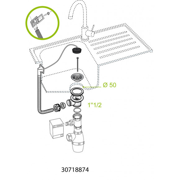 Bonde Évier, Diam.50 Mm, Avec Trop Plein, Inox