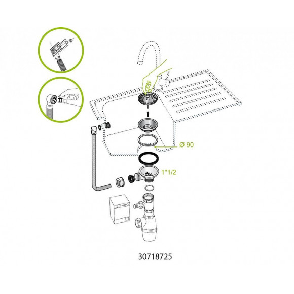 Bonde Évier, Diam.90 Mm, Panier Avec Trop Plein