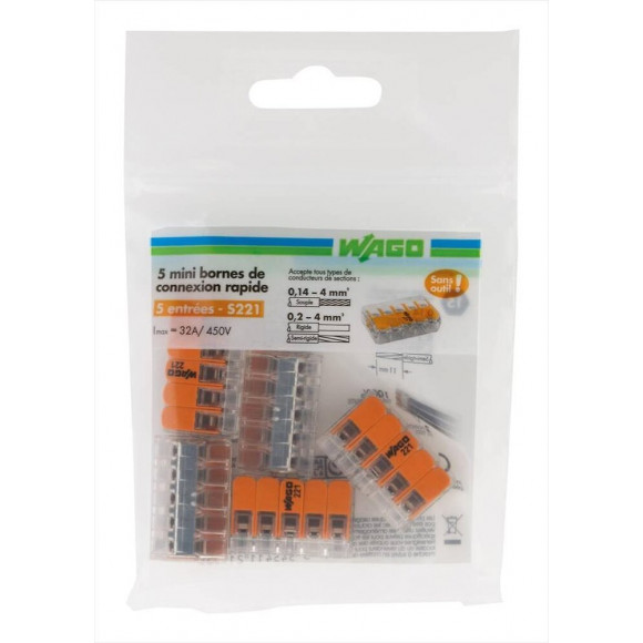 Lot De 5 Bornes Automatiques À Levier, 2,5 Mm² Pour Rigide Et Souple Wago