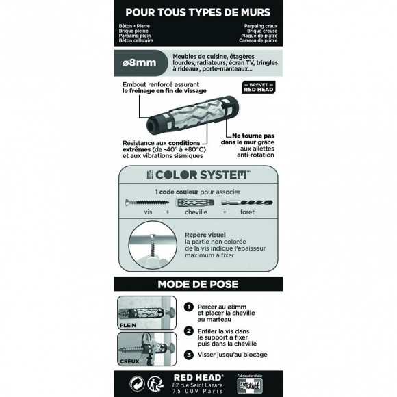 Lot De 6 Chevilles Et Vis Couleur Red Head, Diam.8 Mm X L.50 Mm