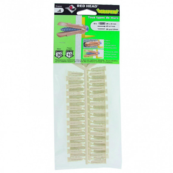 Lot De 50 Chevilles À Expansion Grapex Red Head, Diam.6 X L.25 Mm