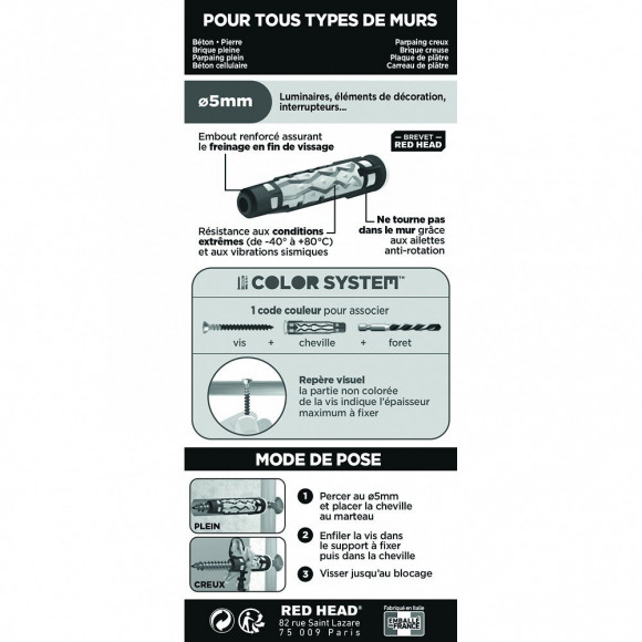 Lot De 14 Chevilles Et Vis Couleur Red Head, Diam.5 Mm X L.30 Mm