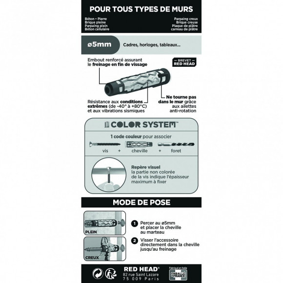 Lot De 4 Chevilles Et Gonds Couleur Red Head, Diam.5 Mm X L.30 Mm