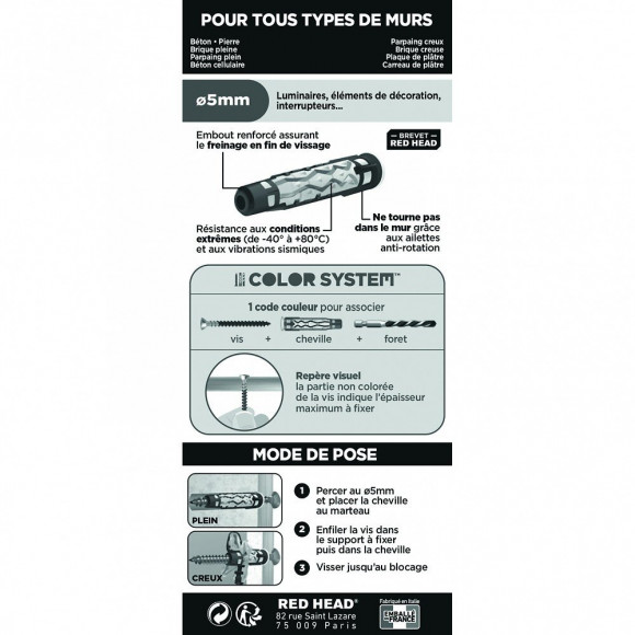 Lot De 10 Cheville Et Vis Couleur Red Head, Diam.5 Mm X L.30 Mm