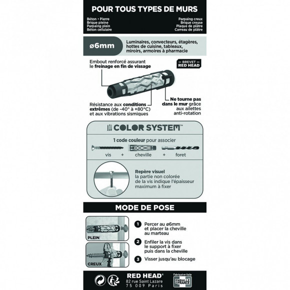 Lot De 8 Chevilles Et Vis Couleur Red Head, Diam.6 Mm X L.37 Mm