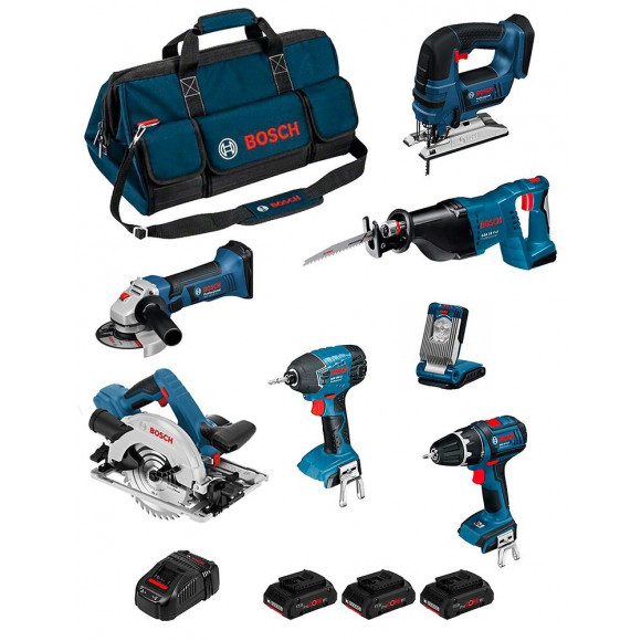 Bosch Kit Psb7mm3cp (gws18-125v-li+gsb18v-li+gst18v-li B+gdr18v-li+gks18v-57g+gsa18v-li+ Glivariled+3x4,0ah+gal1880cv+hdbag)