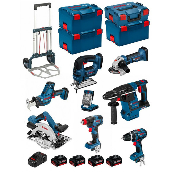 Bosch Kit Psl8p4c+caddy (gst18v-lib+gks18v-57g+gdx18v-200c+gbh18v-26f+gsa18v-lic+glivariled+gsb18v-li+gws18-125v-li+4x5,0ah)