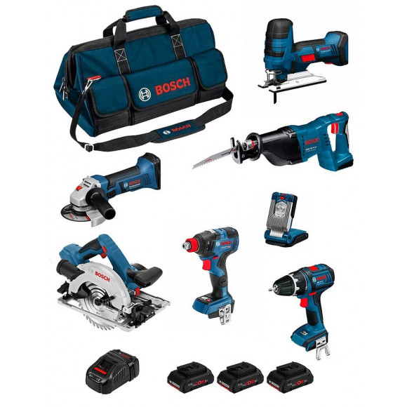 Bosch Kit Psb7mxm3cp (gws18-125v-li+gsb 18v-li+gst18v-li S+gdx18v-200c+gks 18v-57g+gsa18v-li+glivariled+3x4,0ah+gal1880cv+hdbag