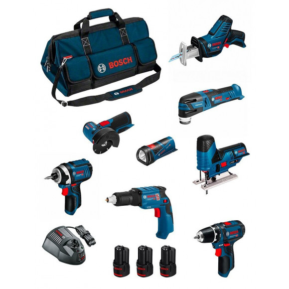 Bosch Kit Bmkb8-28ad3 (gsr12v-15+gtb12v-11+gdr12v-105+gws12v-76+gst12v-70+gop12v-28+gsa12v-14+gli12v-80+3x2,0ah+gal1230cv+hdbag