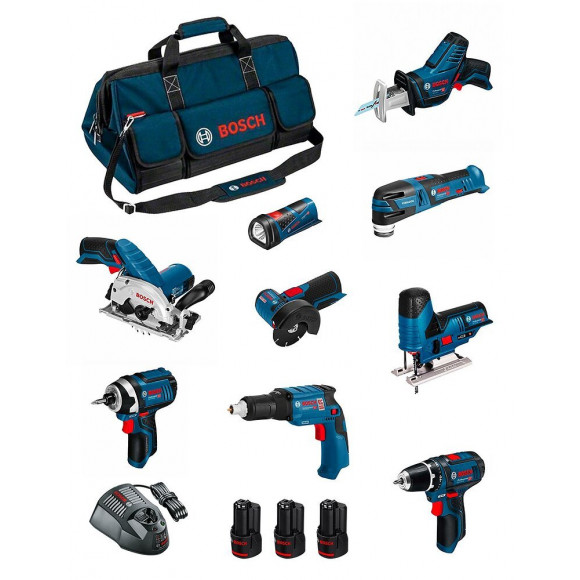 Bosch Kit Bmkb9-28ad3 (gsr12v-15+gtb12v-11+gdr12v-105+gws12v-76+gst12v-70+gks12v-26+gop12v-28+gsa12v-14+gli12v-80+3x2,0ah)