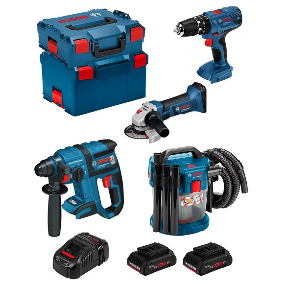 Bosch Kit Psl4m2cecp (gbh 18v-ec Gsb 18v-21 Gws 18-125v-li Gas 18v-10l 2x4,0ah Procoregal1880cvl-boxx136l-boxx238)