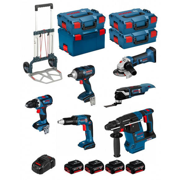 Bosch Kit Psl6p4mc (gws18-125v-li+gsr18v-60c+gop18v-28+gds18v-ec 250+gsr18v-ec Te+gbh18v-26f+4x5,0ahgal1880cv+4xl-boxx+caddy)