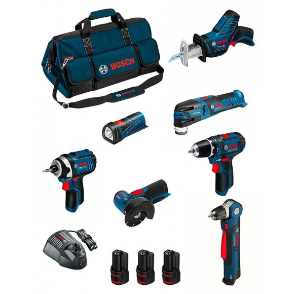 Bosch Kit Bmkb7-28cd3 (gsr 12v-15+gdr 12v-105+gwb 12v-10+gws 12v-76+gop 12v-28+gsa 12v-14+gli 12v-80+3x3,0ah+ Gal1230cv+hdbag)