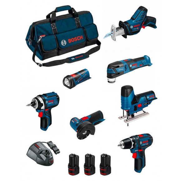 Bosch Kit Bmkb7-28bd3 (gsr 12v-15+gdr 12v-105+gws 12v-76+gst 12v-70+gop 12v-28+gsa 12v-14+gli 12v-80+3x2,0ah+ Gal1230cv+hdbag)