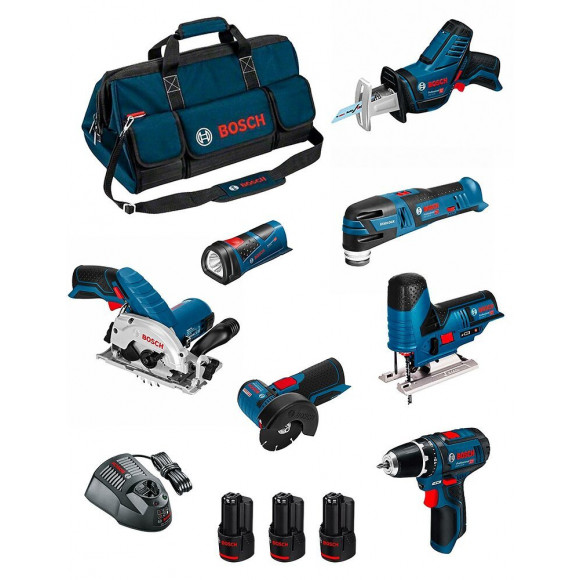 Bosch Kit Bmkb7-28ad3 (gsr 12v-15+gks 12v-26+gws 12v-76+gst 12v-70+gop 12v-28+gsa 12v-14+gli 12v-80+ 3x2,0ah+gal1230cv+hdbag)