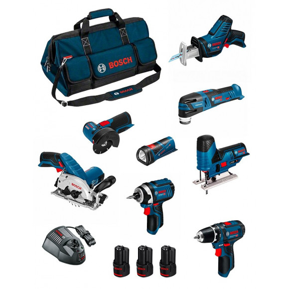 Bosch Kit Bmkb8-28bd3 (gsr12v-15+gdr12v-105+gks12v-26+gws12v-76+gst12v-70+gop12v-28+gsa12v-14+gli12v-80+3x2,0ah+gal1230cv+hdbag