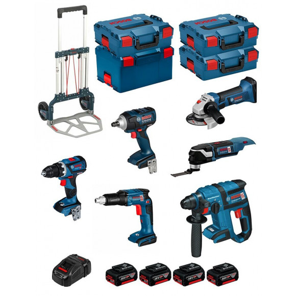 Bosch Kit Psl6p4mcec (gws18-125v-li+gsr18v-60c+gop18v-28+gds18v-ec 250+gsr18v-ec Te+gbh18v-ec+4x5,0ahgal1880cv+4xl-boxx+caddy)