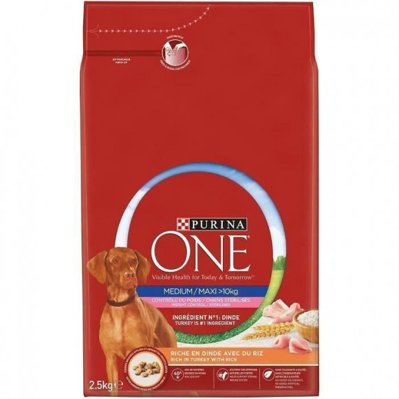 Purina One Croquettes A La Dinde Controle Du Poids Medium / Maxi  10 Kg - Pour Chien Adulte Sterilise Moyen Et Grand - 2,5 Kg
