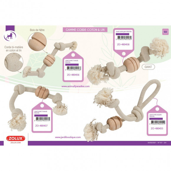 Corde Wild Mix Poignée. Taille Ø 1.2 Cm X 35.5 Cm. Jouet Pour Chien. - Zolux - Zo-480455