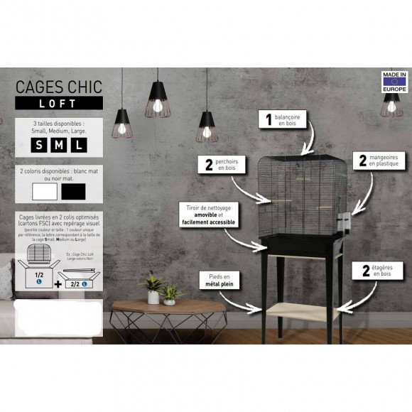 Cage Et Meuble Chic Loft. Taille S.  38 X 24,5 X Hauteur 113cm. Couleur Noir. - Zolux - Zo-104180noi