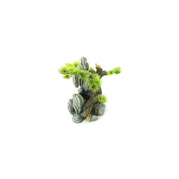 Racine Et Rocher Avec Plante Plastique, 14 X 12 X 20 Cm. Décoration Pour Aquarium. - Flamingo Pet Products - Fl-410183