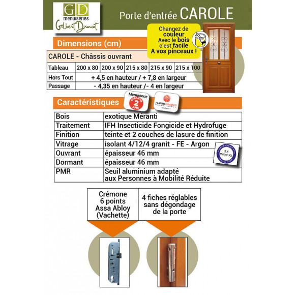 Porte D' Entree Bois Exo Modele 'carole' 215x80 Poussant Gauche