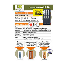 Porte D' Entree Bois Exo Modele 'alicia' 215x90 Poussant Gauche Cote Tableau Vendue Avec Poignee Et Barillet