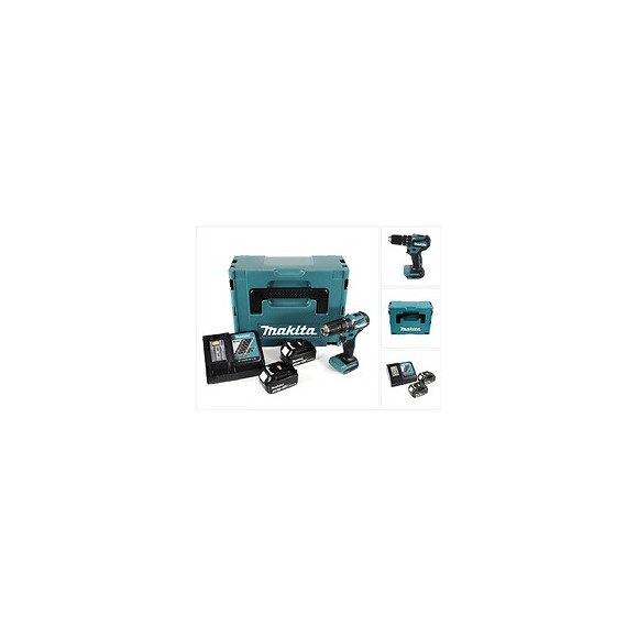 Makita Dhp 483 Rfj 18 V Li-ion Perceuse Visseuse À Percussion Sans Fil 18 V Brushless En Coffret Makpac + 2x Batteries Bl 1830