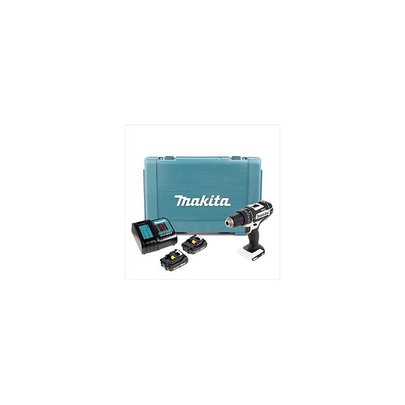 Makita Dhp 482 W Sae 18 V Perceuse Visseuse À Percussion Sans Fil Blanc Avec Boîtier + 2 X Batteries 2ah + 1 X Chargeur Dc 18