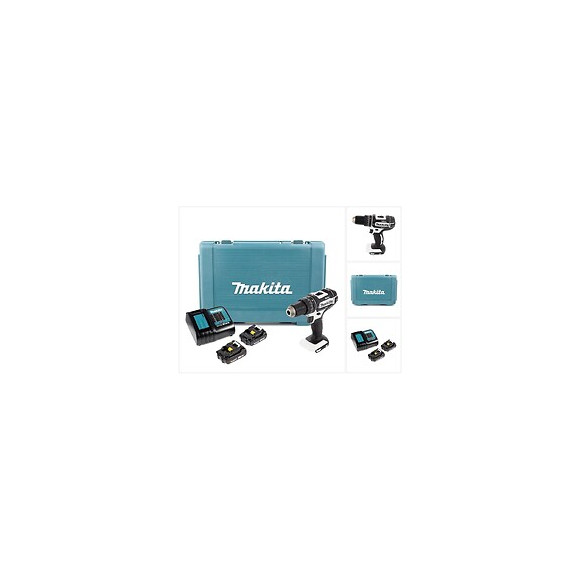 Makita Dhp 482 W Sae 18 V Perceuse Visseuse À Percussion Sans Fil Blanc Avec Boîtier + 2 X Batteries 2ah + 1 X Chargeur Dc 18