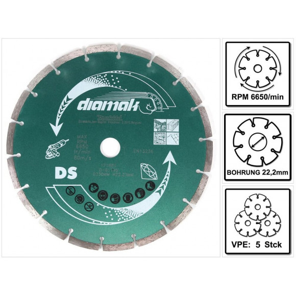 Makita Diamak 230 Mm. ( D-61145 ) Disque Diamant À Tronçonner Pour Pierre, Beton, Ardoise, Briques, Tuiles 22,23 Mm - 5 Pièc