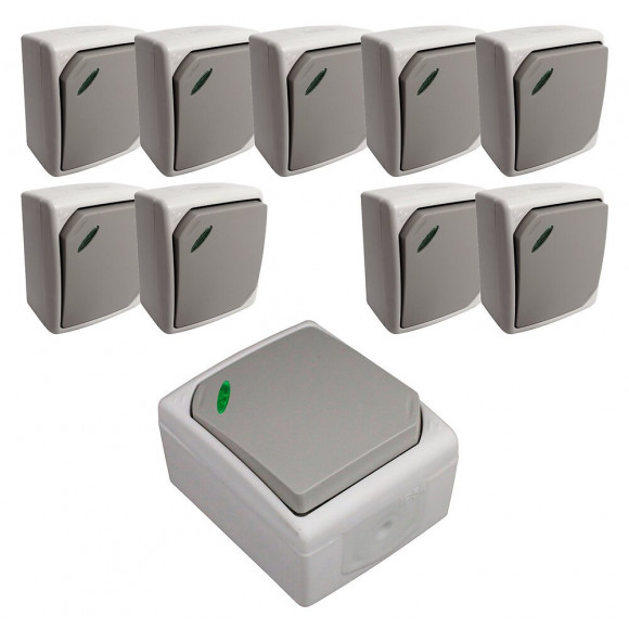 Lot De 10 Va & Vient Simple À Voyant Gris Clair - Ip54 - Nano