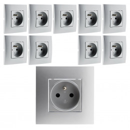 Lot De 10 Prises 2p+t Connexion Auto. Montés Module Large Silver - Simplea