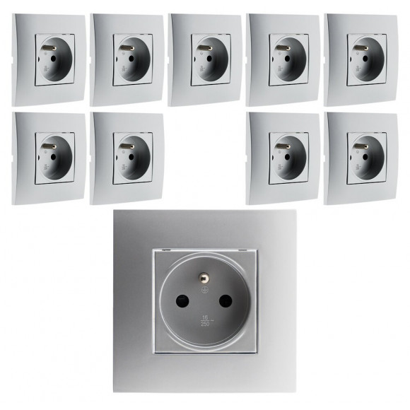 Lot De 10 Prises 2p+t Connexion Auto. Montés Module Large Silver - Simplea