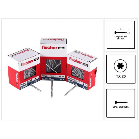 Fischer Vis Pour Panneaux De Particules Power-fast Ii Fpf Ii 4.0x50 Mm - 200 Pièces (670240) Tête Cylindrique + Filetage Comp