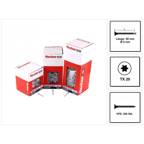 Fischer Vis Pour Panneaux De Particules Power-fast Ii Fpf Ii 5,0x50 Mm - 200 Pièces (670358) Tête Fraisée + Filetage Complet