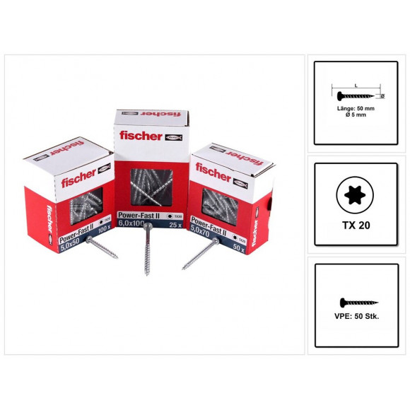 Fischer Vis Pour Panneaux De Particules Power-fast Ii Fpf Ii 5,0x70 Mm - 50 Pièces (670441) Tête Cylindrique + Filetage Torx 