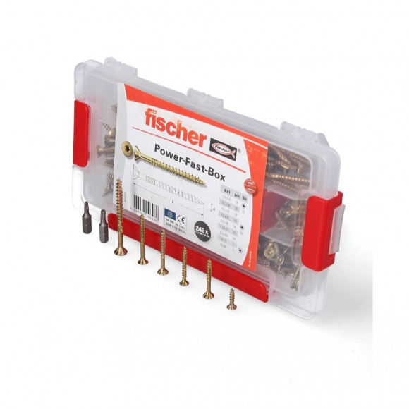 Fischer Power-fast Box Tête Fraisée Avec Double Filetage,  245 Pcs. - 3,5 - 5 Mm - Torx Galvanisé, Passivé Jaune ( 667005 )
