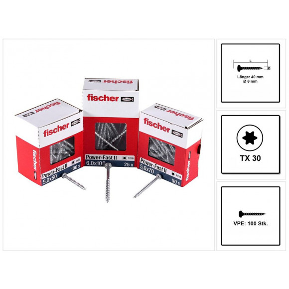 Fischer Power-fast Ii Fpf Ii Vis À Bois Aggloméré 6,0x40 Mm, Tête Panoramique Avec Étoile Intérieure Tx Filetage Partiel 