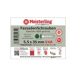Meisterling Vis De Façade 5,5x35 Mm, 100 Pcs., Tête Plate 12 Mm, Filetage Partiel, Empreinte Torx, Acier Inoxydable V4a, Vert