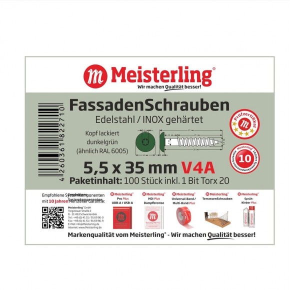 Meisterling Vis De Façade 5,5x35 Mm, 100 Pcs., Tête Plate 12 Mm, Filetage Partiel, Empreinte Torx, Acier Inoxydable V4a, Vert