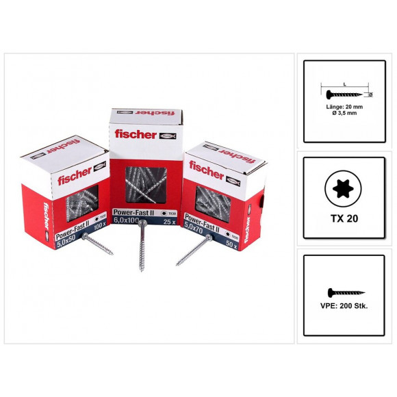 Fischer Vis Pour Panneaux De Particules Power-fast Ii Fpf Ii 3,5x20 Mm - 200 Pièces (670100) Tête Cylindrique + Filetage Comp