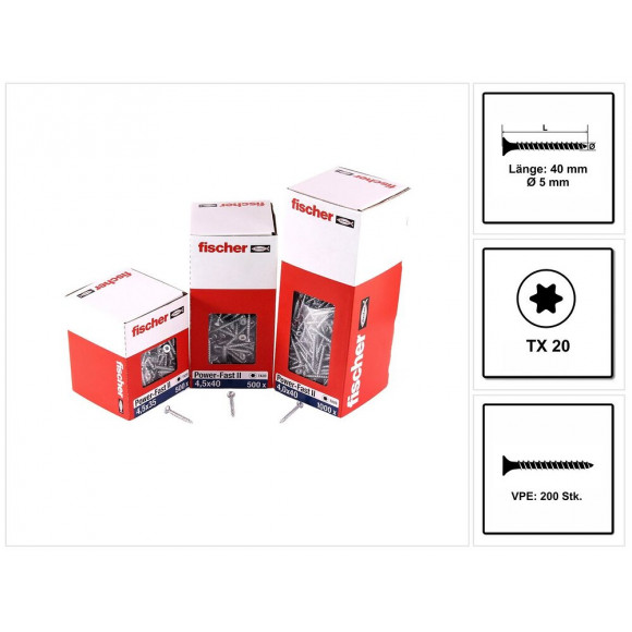 Fischer Vis Pour Panneaux De Particules Power-fast Ii Fpf Ii 5.0x40 Mm - 200 Pièces (670354) Tête Fraisée + Filetage Torx Co
