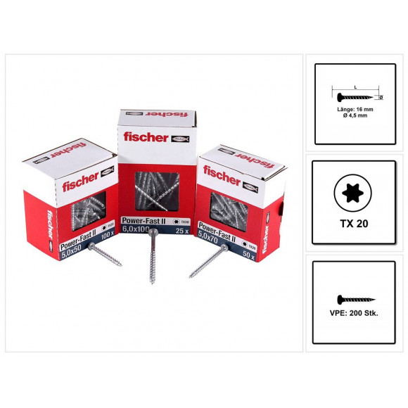 Fischer Vis Pour Panneaux De Particules Power-fast Ii Fpf Ii 4,5x16 Mm - 200 Pièces (670327) Tête Cylindrique + Filetage Torx