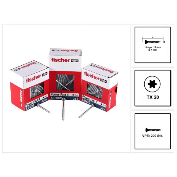 Fischer Vis Pour Panneaux De Particules Power-fast Ii Fpf Ii 4.0x16 Mm - 200 Pièces (670234) Tête Cylindrique + Filetage Comp