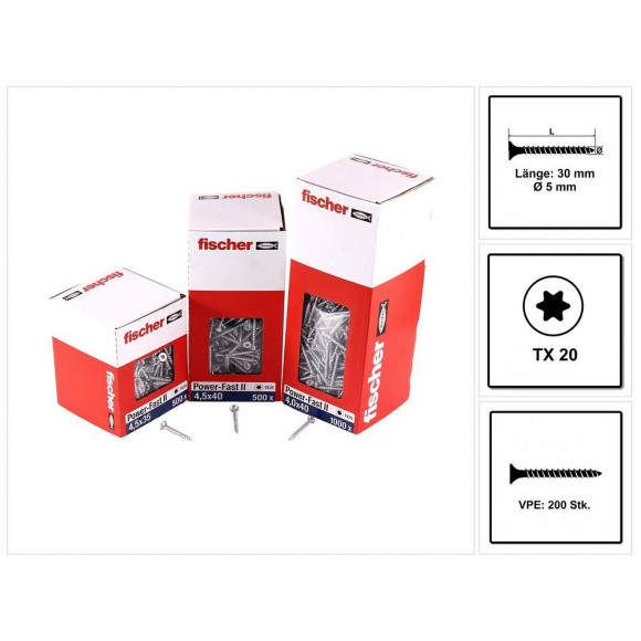 Fischer Power-fast Ii Fpf Ii Vis À Bois Aggloméré 5,0x30 Mm, 200 Pièces ( 670350 ) - Tête Fraisée Avec Filetage Torx Plei