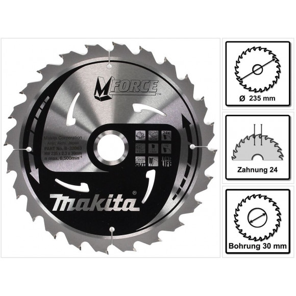 Makita M-force Lame De Scie Circulaire Pour Bois 235 X 30 X 2,3 Mm, 24 Dents ( B-32063 )